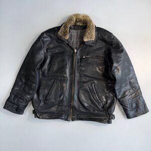 Vintage Leather Detachable Fur Hooded Jacket in Black - XL